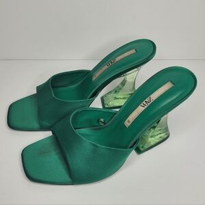 Zara Heels Slip On Green Satin Clear Block 4" Heel Open Toe Casual Party Size 39